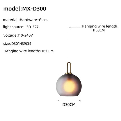 Modern brass glass staircase chandelier featuring a spherical pendant light with frosted glass shade model mx-d300