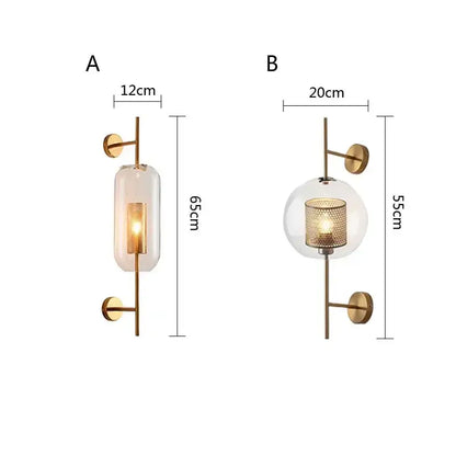 Two modern brass glass wall lamps with frosted cylindrical and clear spherical glass shades for bedroom decorbites brass glass wall