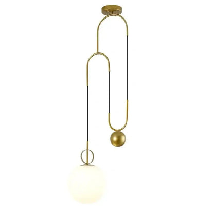 Modern brass golden glass ball pendant lamps with gold-toned curved metal frame and white opaque globe shade by decorbites