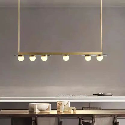 Modern brass gray glass led chandeliers with five spherical bulbs in a linear design for dining room pendant lighting