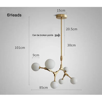 Modern brass iron magic molecular pendant lights with six frosted white glass shades for dining room decorbites iron magic