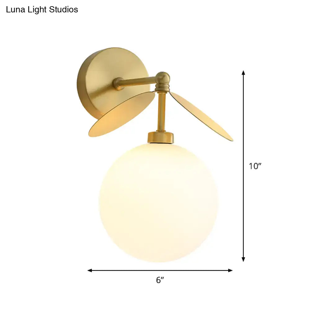 Modern brass leaf wall lamp with cream glass spherical shade and gold-toned 220v-240v 110v-120v bedroom sconce
