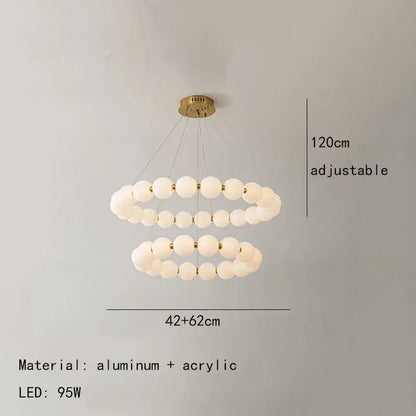 Modern brass led pendant light featuring a double-ring design with frosted acrylic spheres and gold-toned aluminum decorbites brass led