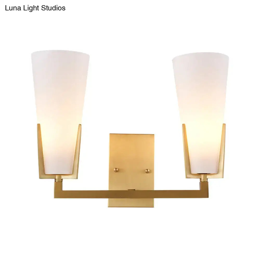 Modern brass led wall lamp bedroom sconce with gold-toned metal frame and two frosted white glass conical shades 220v-240v 110v-120v