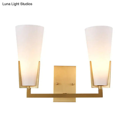 Modern brass led wall lamp bedroom sconce with gold-toned metal frame and two frosted white glass conical shades 220v-240v 110v-120v
