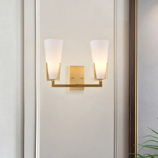 Modern brass led wall lamp bedroom sconce with gold-toned metal and two frosted white glass shades for 220v-240v 110v-120v use
