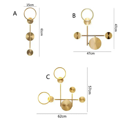 Modern brass led wall light featuring a gold-toned minimalist design with three geometric disc elements for decorbites brass led use