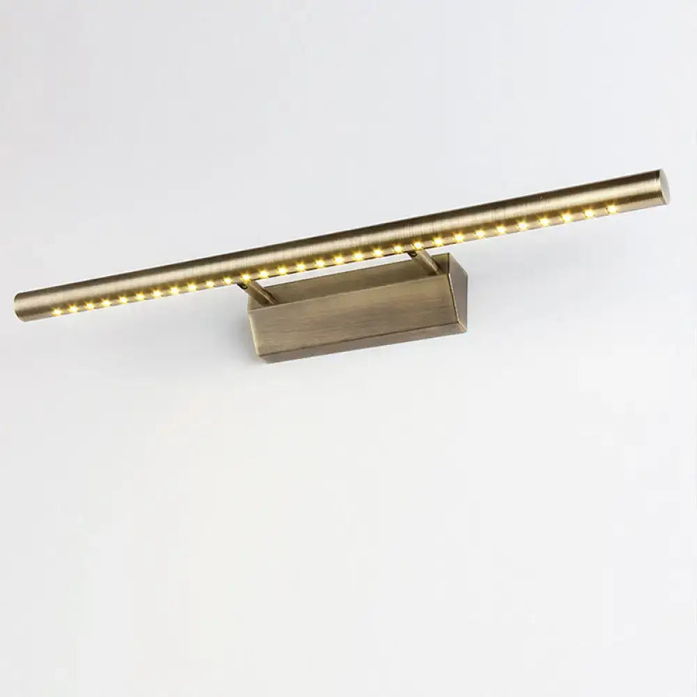 A modern brass led wall mounted light fixture with a brushed finish and warm white lights for bathroom vanity lighting