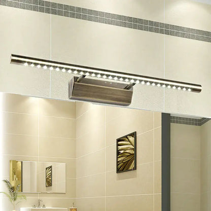 Modern brass led wall mounted light fixture offers a brushed nickel vanity light with sleek elongated design and bright white LEDs