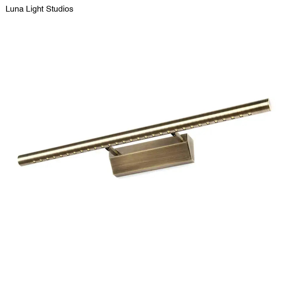 Modern brass led wall mounted light fixture with sleek cylindrical design and evenly spaced led bulbs for bathroom vanity lighting