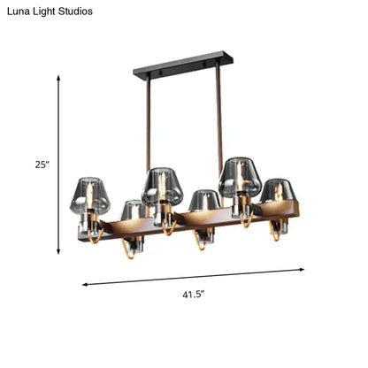 Modern bronze-finished chandelier with linear design six smoked glass shades and exposed filament bulbs 110v-120v 220v-240v