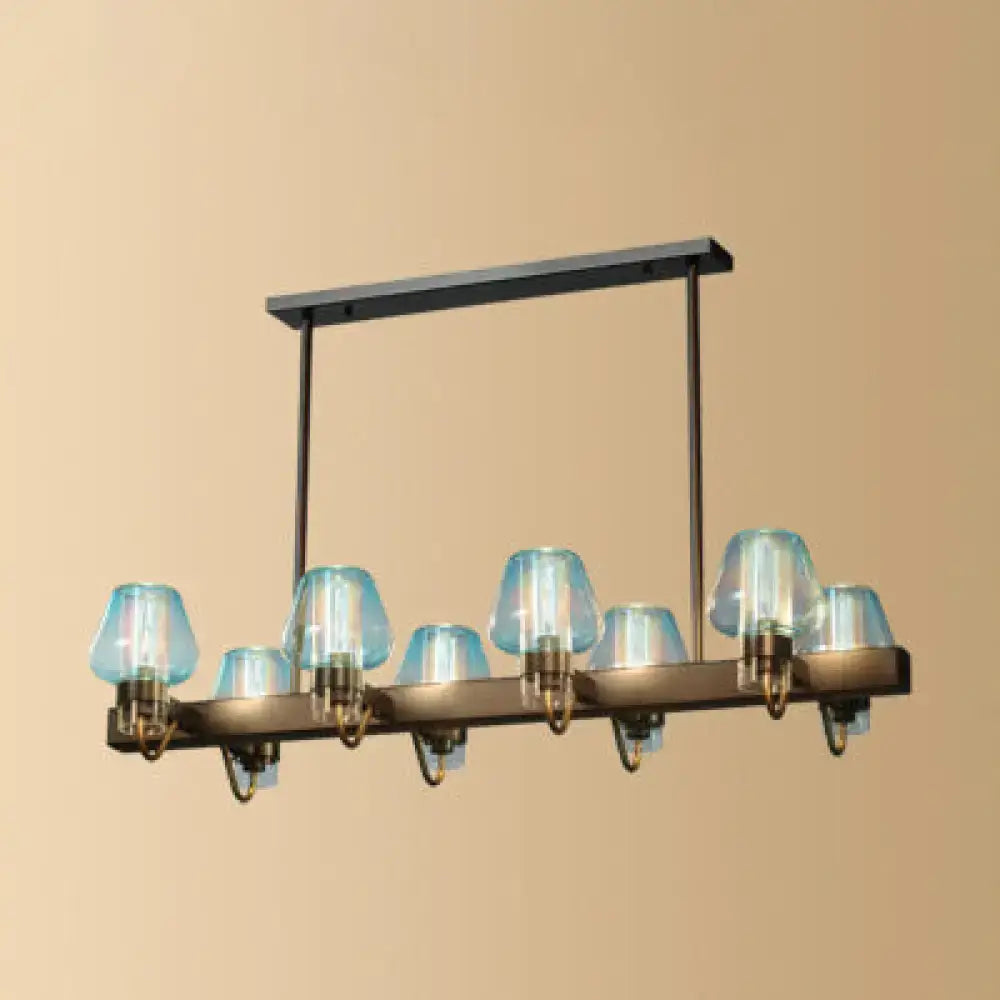 Blue-tinted glass shades with exposed bulbs hang from a black metal frame linear design pendant lamp 110v-120v 220v-240v