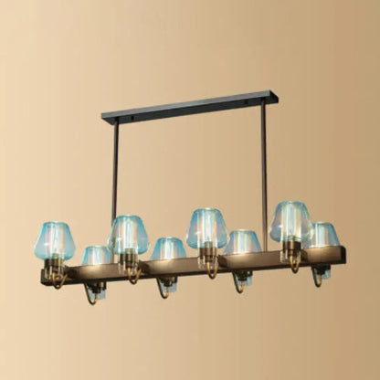Blue-tinted glass shades with exposed bulbs hang from a black metal frame linear design pendant lamp 110v-120v 220v-240v