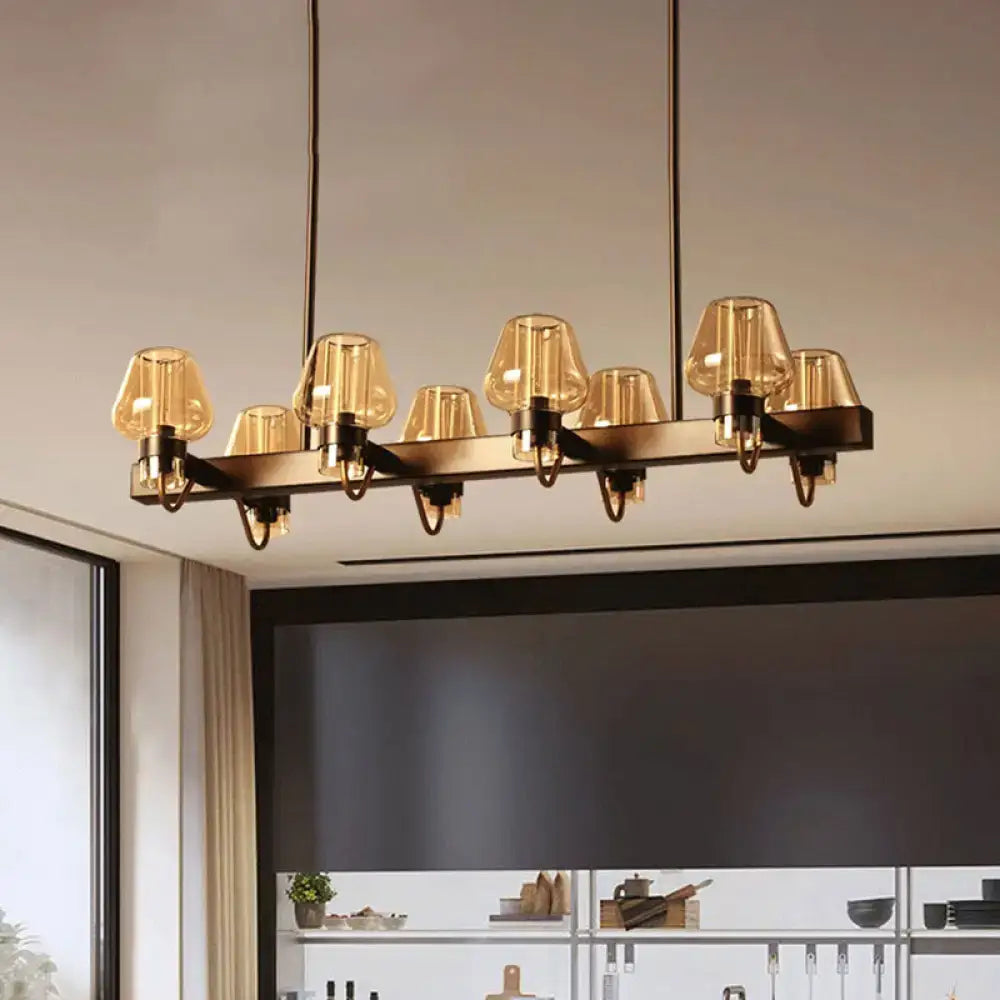 Modern brass-finished chandelier with amber glass shades featuring linear design compatible with 110v-120v and 220v-240v