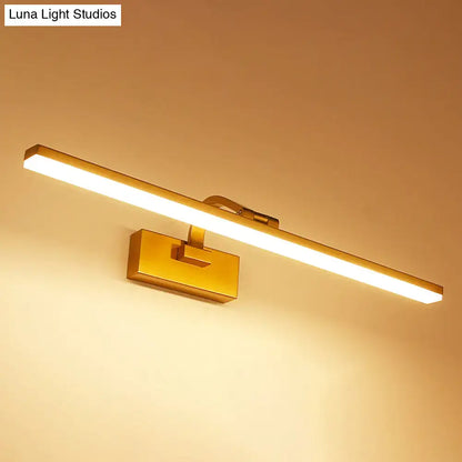 Modern brass linear vanity led light fixture with gold finish and sleek rectangular design for bathroom wall mounting