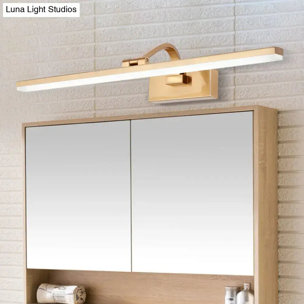 Modern brass linear vanity led light with gold finish, sleek rectangular design, and integrated mounting bracket for bathroom use