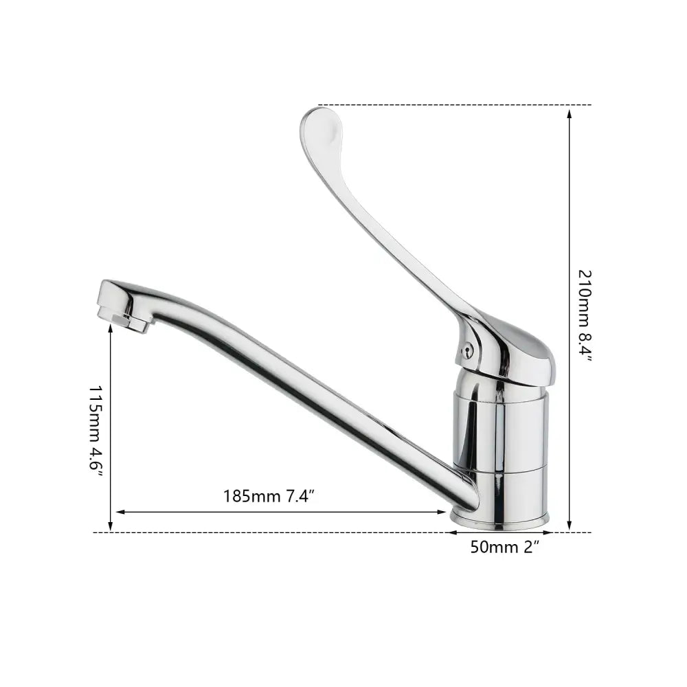 Modern brass long handle basin faucet with chrome finish, sleek elongated spout, and curved lever handle for kitchen use