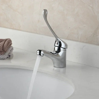Modern brass long handle basin faucet with chrome finish, sleek curved spout, and elegant brass long handle decorbites design