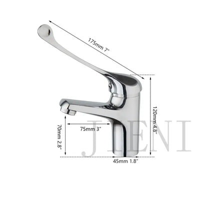 Chrome-finished decorbites brass long handle basin faucet with sleek modern design and precise dimensions for bathroom use