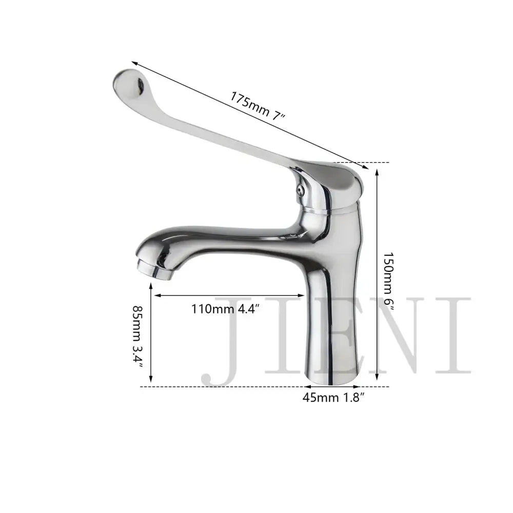 Chrome finished basin faucet with decorbites brass long handle and precise dimensional markings for modern bathroom use
