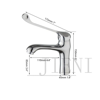 Chrome finished basin faucet with decorbites brass long handle and precise dimensional markings for modern bathroom use
