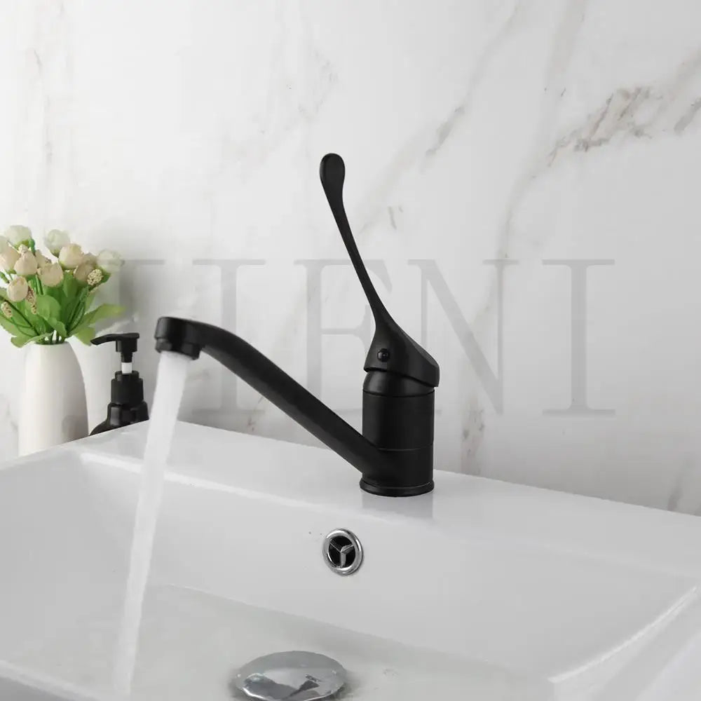 Black matte finish basin faucet with curved spout and brass long handle for modern decorbites bathroom use