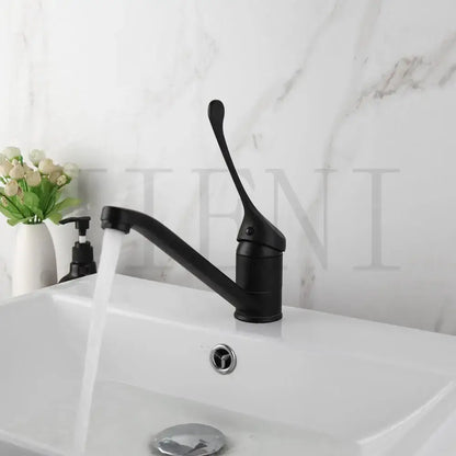 Black matte finish basin faucet with curved spout and brass long handle for modern decorbites bathroom use