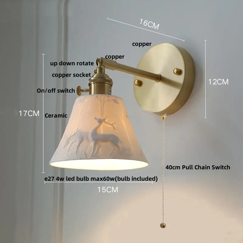 Modern brass mountain led wall lamp sconce featuring a vintage-style copper design with ceramic deer silhouette shade