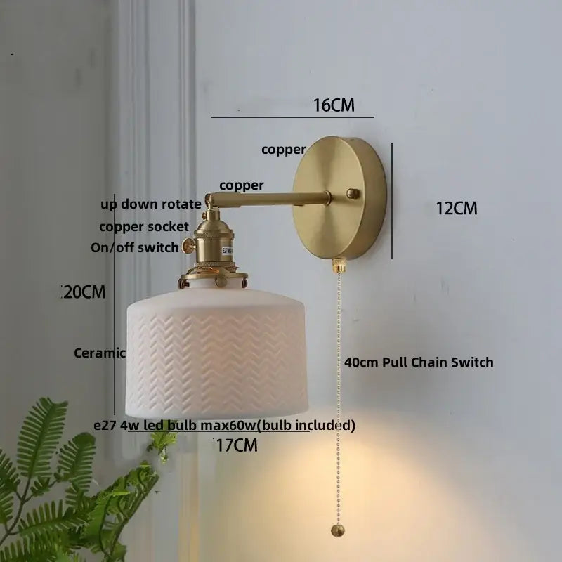 Modern brass mountain led wall lamp sconce with copper-finished arm and off-white chevron ceramic shade for bedroom or stair lighting