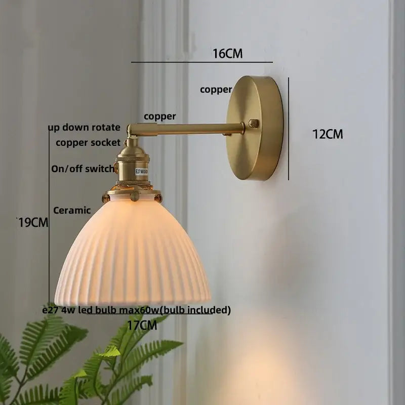 Modern brass mountain led wall lamp sconce with a vintage-style copper body and ribbed ceramic shade for bedroom or stair lighting