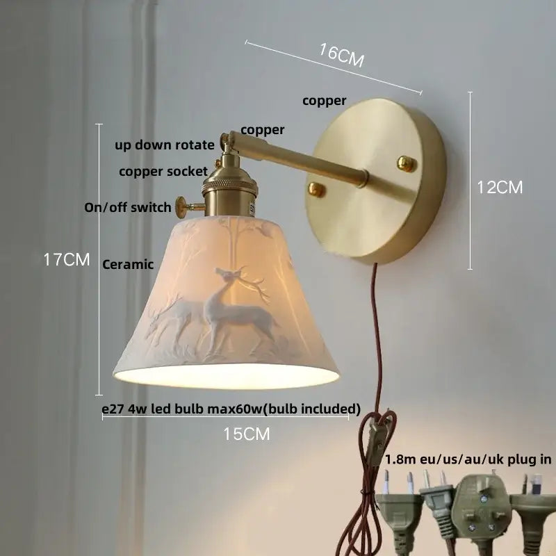 Vintage-style wall lamp sconce with copper finish and ceramic deer-embossed shade modern brass mountain led wall lamp