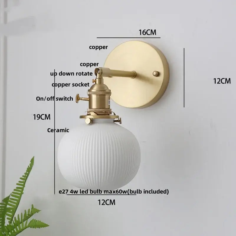 Vintage style led wall lamp sconce with brushed copper finish and white ribbed ceramic globe for bedroom stairs