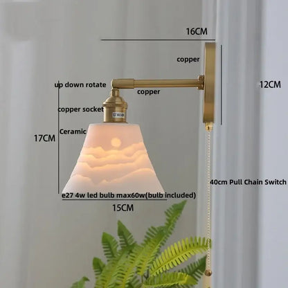 Modern brass mountain led wall lamp sconce with warm-toned ceramic lampshade and adjustable copper arm for bedroom or stair light