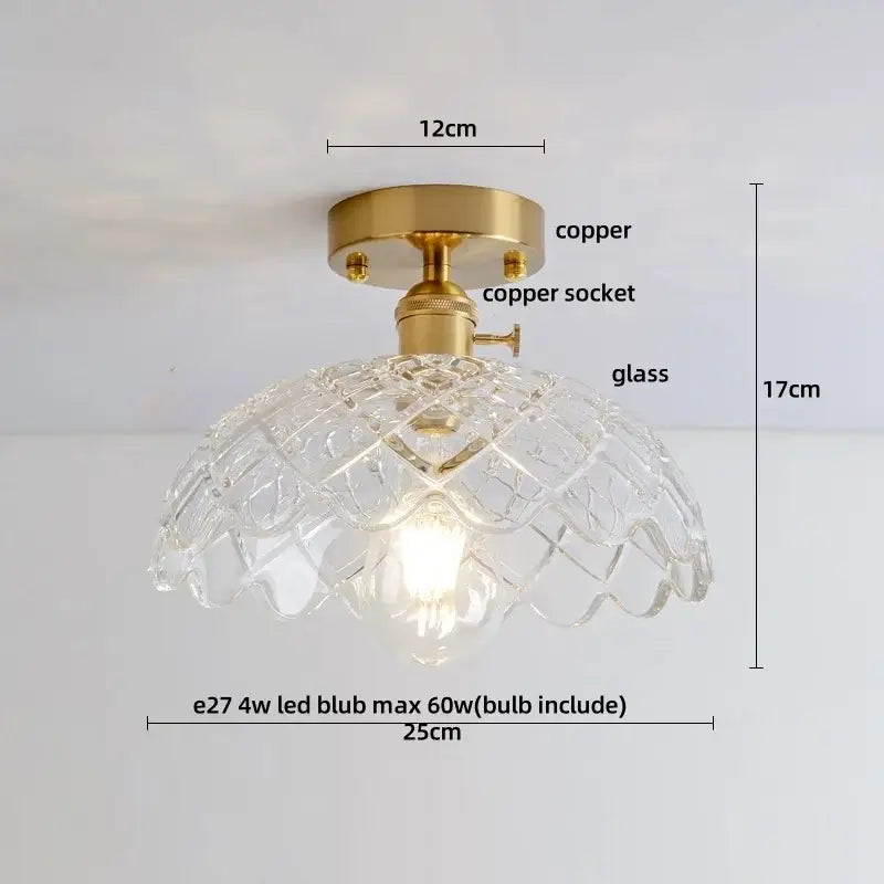 Modern brass orchid glass led ceiling lamp with clear glass pendant and copper-finished mounting base ceiling lamp
