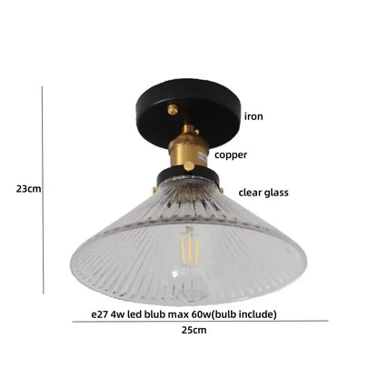 Modern brass orchid glass led ceiling lamp with clear ribbed glass, black iron base, and copper accents for bedroom