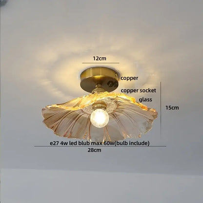 Modern brass orchid glass led ceiling lamp with a delicate translucent fluted glass lampshade and copper hardware