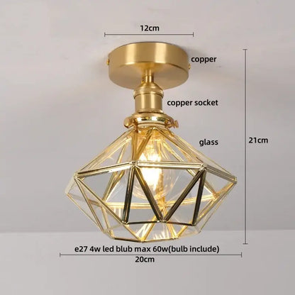 Modern brass orchid glass led ceiling lamp with gold finished copper and geometric glass shade for bedroom lighting