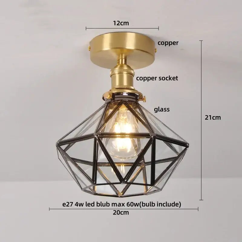 Modern brass orchid glass led ceiling lamp with a geometric glass cage and brass copper base for bedroom use