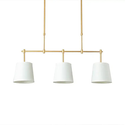 Modern brass pendant light with three white green flaxen cylindrical shades for dining room lighting using led incandescent fluorescent bulbs