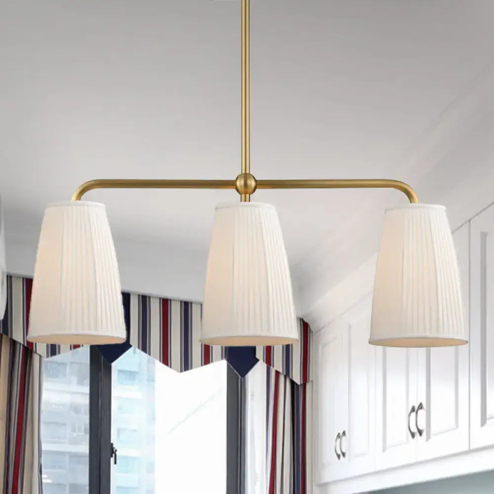 Brass-finished modern decorbites rustic pleated fabric pendant chandelier with three off-white fabric shades for dining table