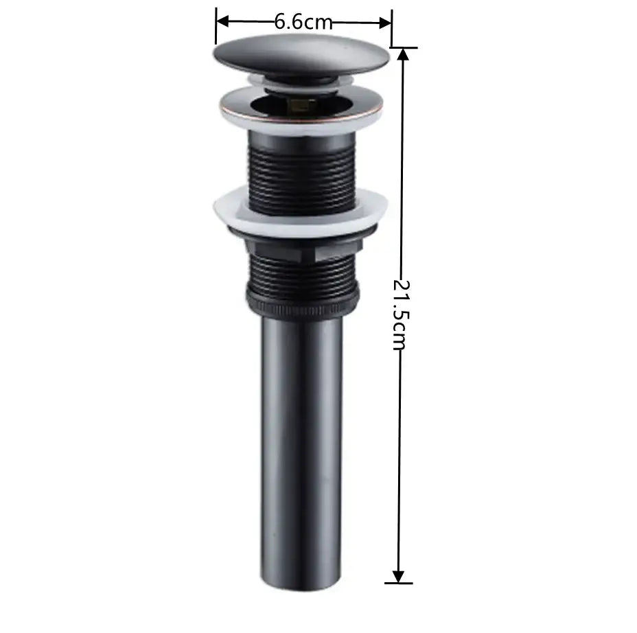 Black matte-finish metal decorbites brass pop up drain with circular top and threaded body for bathroom sinks