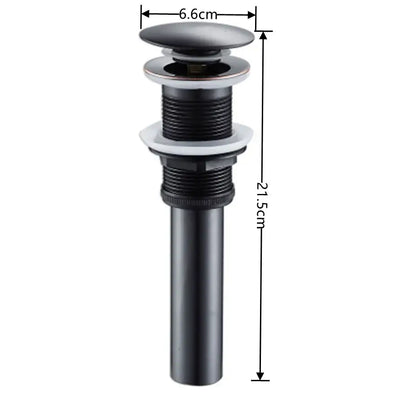 Black matte-finish metal decorbites brass pop up drain with circular top and threaded body for bathroom sinks