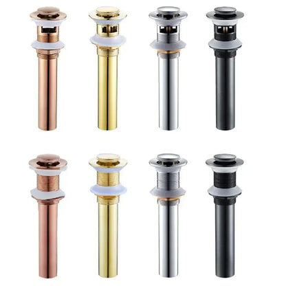 Modern brass pop up drain for bathroom sink in rose gold yellow brass chrome and black finishes by decorbites brass pop