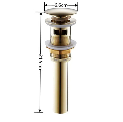 Modern brass pop up drain for bathroom sink in gold-toned brass with sleek cylindrical body by decorbites brass pop