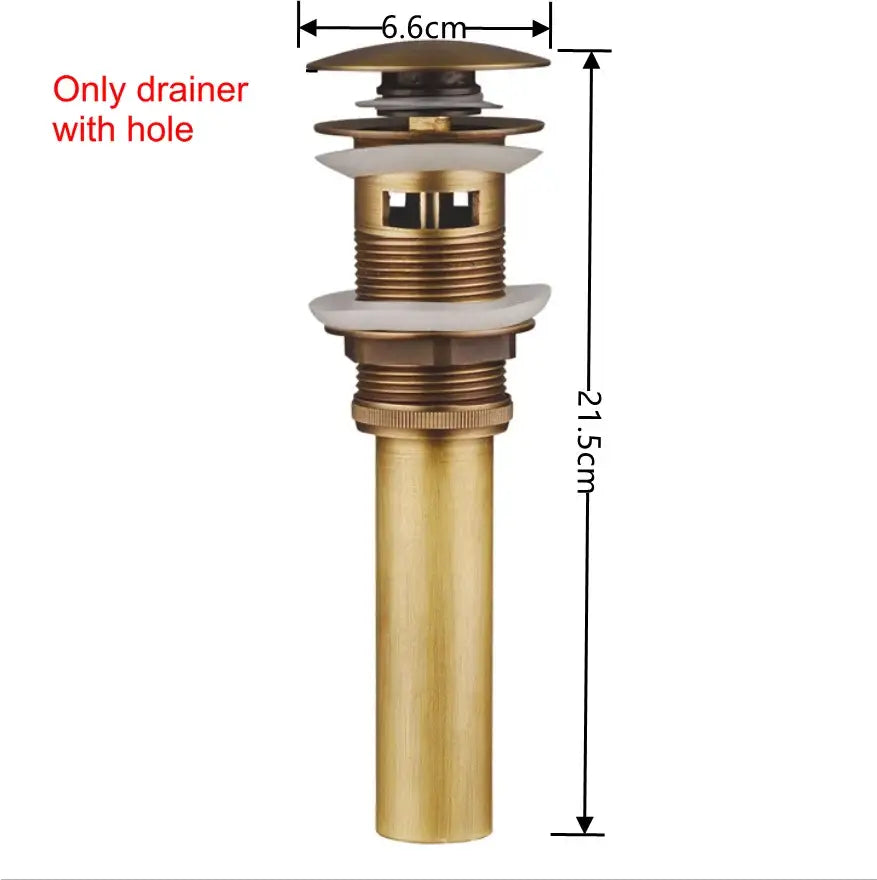 Modern brass pop up drain for bathroom sink with white ceramic washers and 6.6cm brass pop top cap