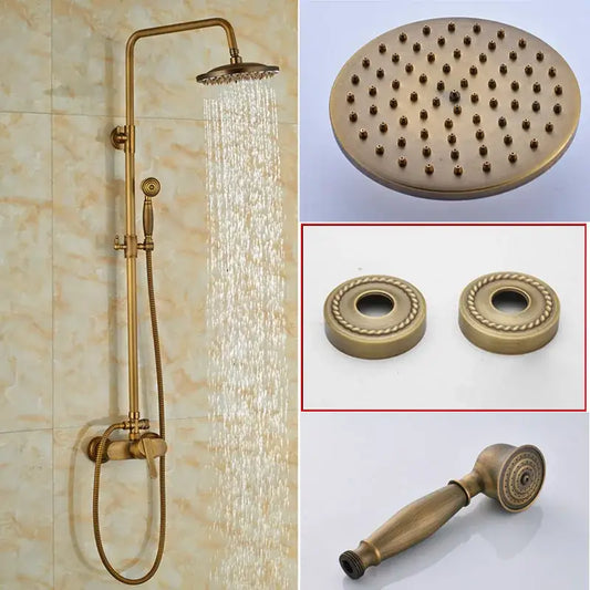 Modern brass rainfall shower faucet set with wall-mounted rainhead handheld spray and decorative circular base plates