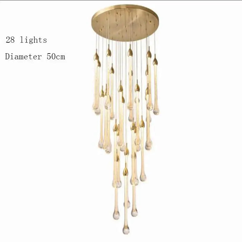 A modern brass round stairs led chandelier with 28 gold-toned glass teardrop lights for villa dining room decorbites 3w round