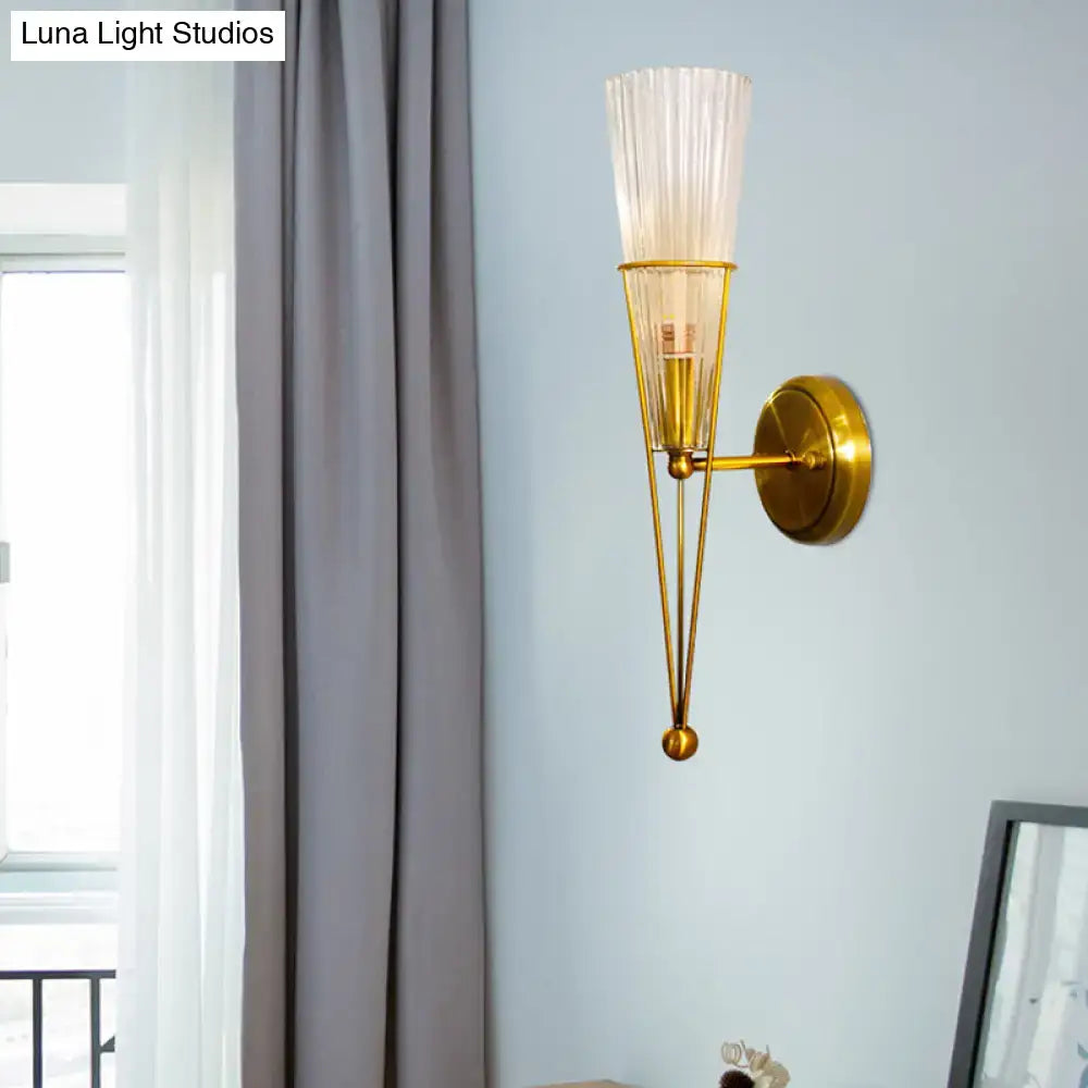 Modern brass sconce light with clear crystal and gold-toned fluted glass shade for e12 e14 bedroom wall lamp