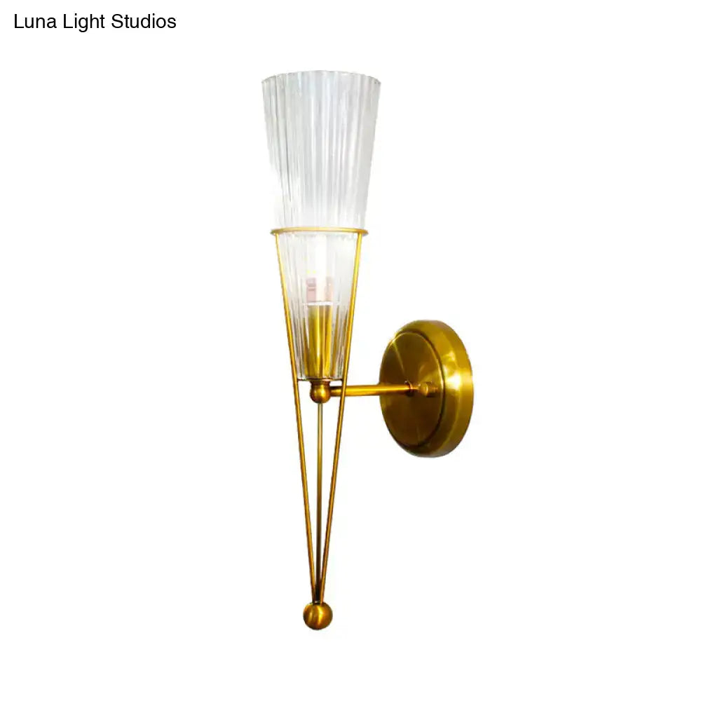 Modern brass sconce light with clear crystal fluted glass shade and slender metal arms for bedroom e12 e14 bulb types