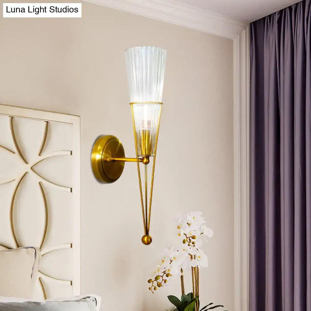 Modern brass sconce light with gold-toned finish clear crystal and fluted translucent glass shade for bedroom e12 e14 bulb